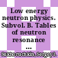 Low energy neutron physics. Subvol. B. Tables of neutron resonance parameters /